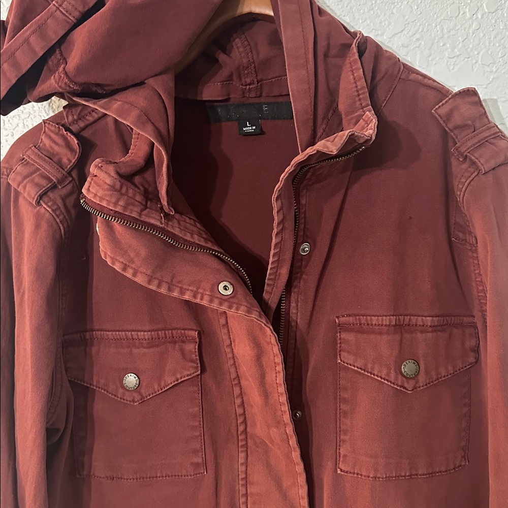 Tinsel Safari‎ Safari Wine Colored Hooded Jacket Full Zip W/ Cinch Waist Size L - Picture 2 of 12
